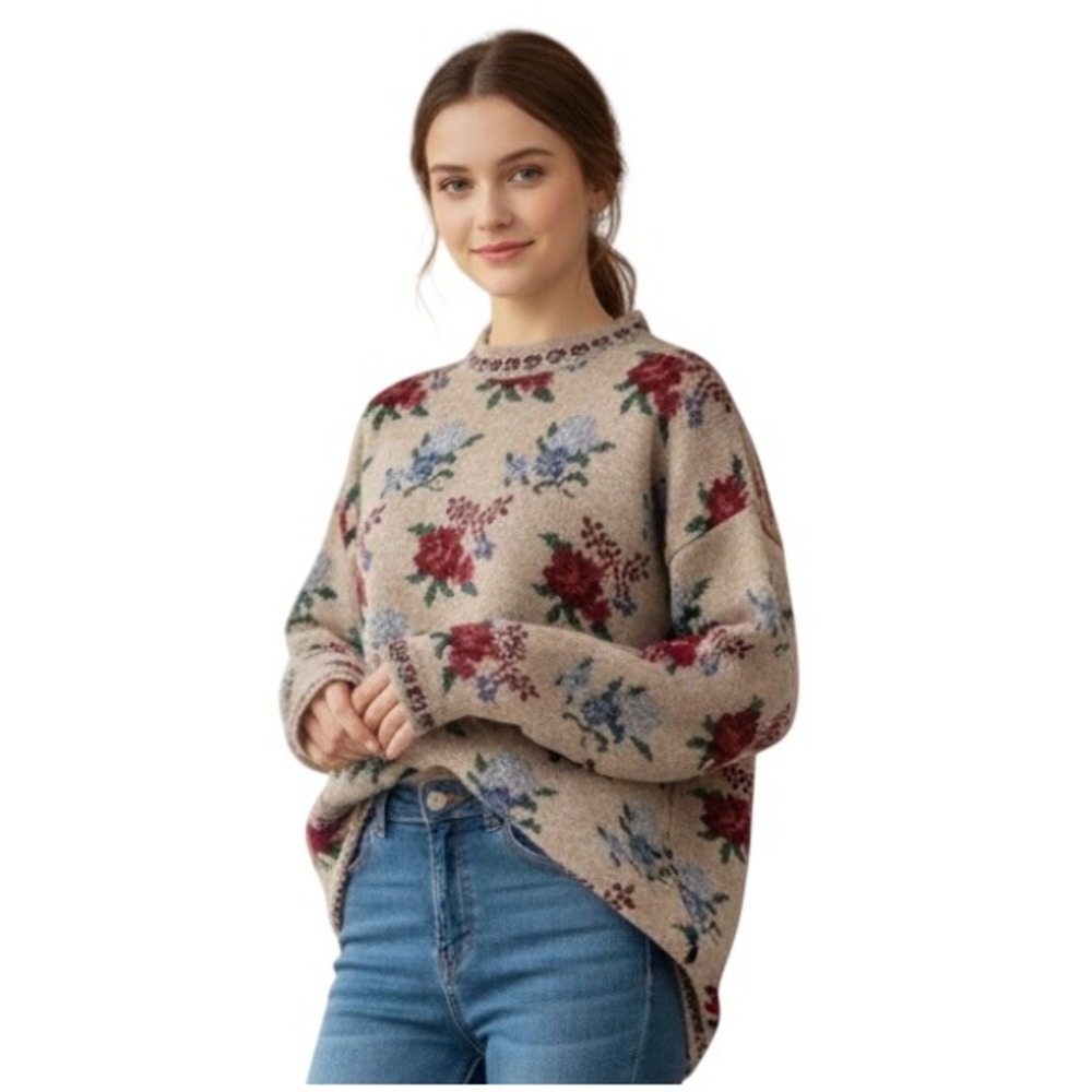 Vintage BASIC EDITIONS SWEATER Beige w/Pink-Red-Blue Flowers Floral Size L